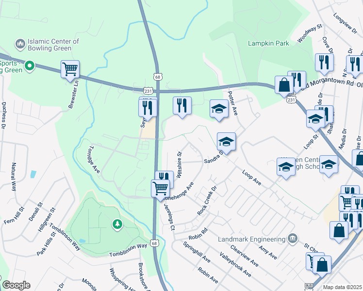 map of restaurants, bars, coffee shops, grocery stores, and more near 1945 Wiltshire Street in Bowling Green