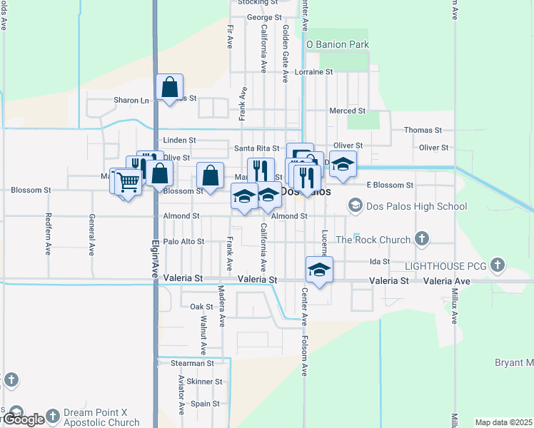 map of restaurants, bars, coffee shops, grocery stores, and more near 2041 Almond Street in Dos Palos