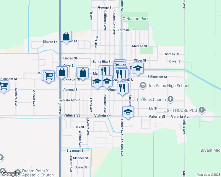 map of restaurants, bars, coffee shops, grocery stores, and more near 2017 Blossom Street in Dos Palos