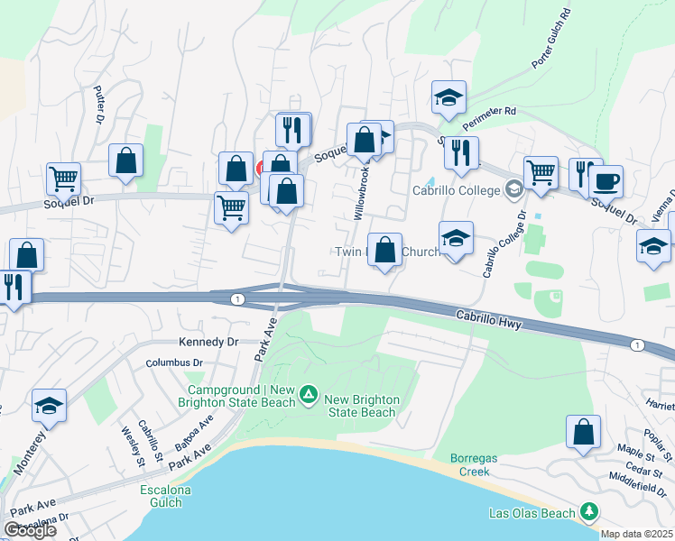 map of restaurants, bars, coffee shops, grocery stores, and more near 2613 Willowbrook Lane in Aptos