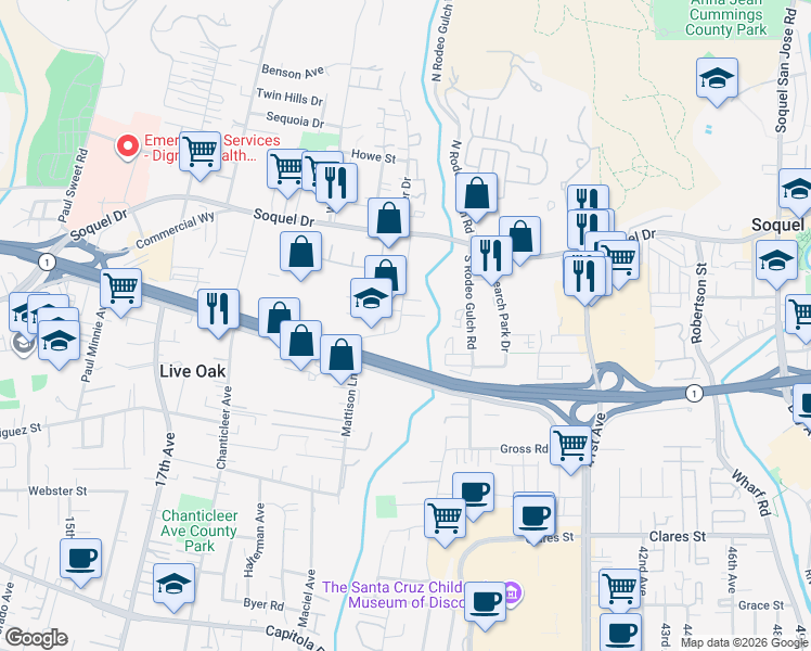 map of restaurants, bars, coffee shops, grocery stores, and more near 2829 Mattison Lane in Santa Cruz