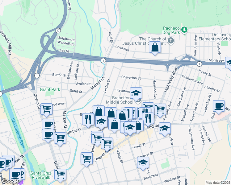 map of restaurants, bars, coffee shops, grocery stores, and more near 117 Keystone Avenue in Santa Cruz