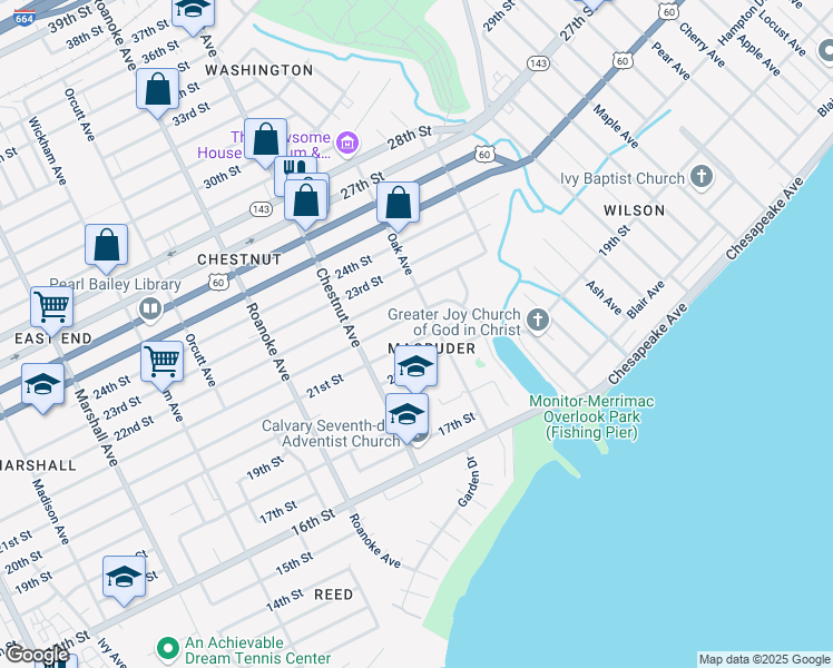 map of restaurants, bars, coffee shops, grocery stores, and more near 1250 Hampton Avenue in Newport News
