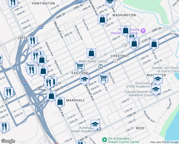 map of restaurants, bars, coffee shops, grocery stores, and more near 837 26th Street in Newport News