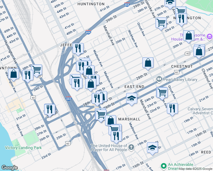 map of restaurants, bars, coffee shops, grocery stores, and more near 2915 Madison Avenue in Newport News