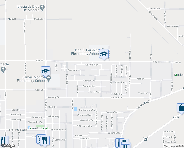 map of restaurants, bars, coffee shops, grocery stores, and more near 1499 Michoacan Court in Madera