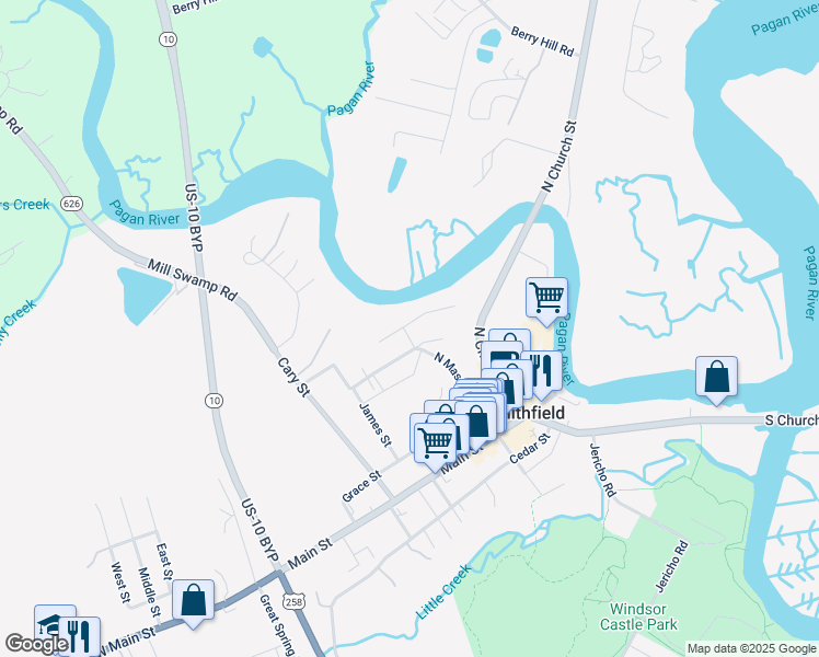 map of restaurants, bars, coffee shops, grocery stores, and more near 1st Street in Smithfield
