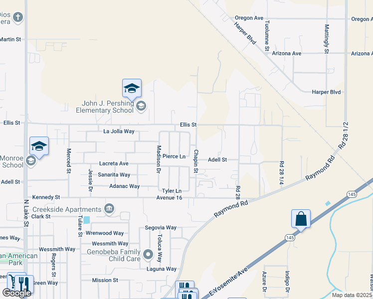 map of restaurants, bars, coffee shops, grocery stores, and more near 1914 Truman Drive in Madera