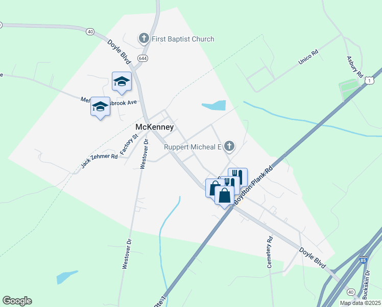 map of restaurants, bars, coffee shops, grocery stores, and more near 10611 Rives Avenue in McKenney