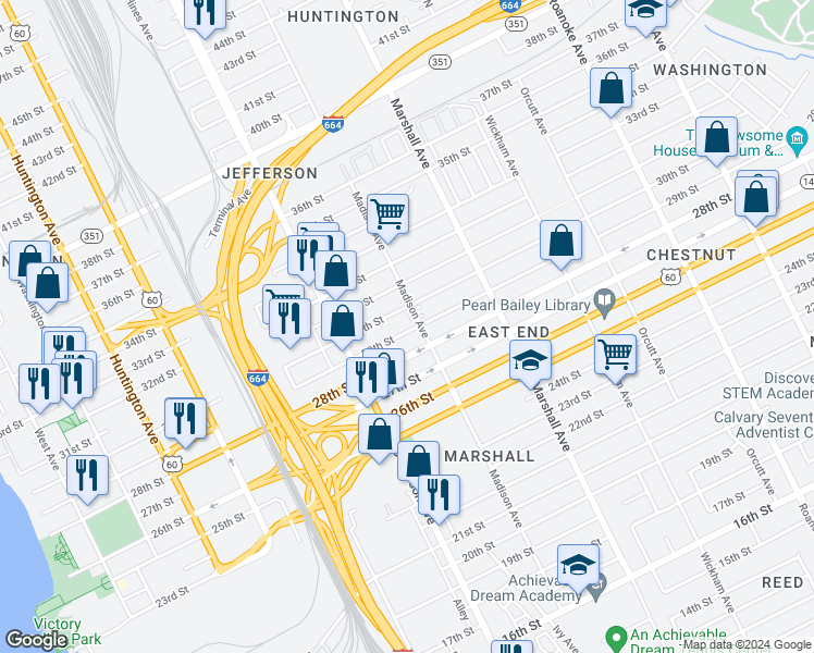 map of restaurants, bars, coffee shops, grocery stores, and more near 657 29th Street in Newport News
