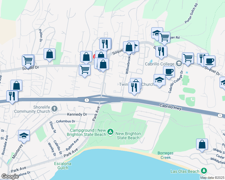 map of restaurants, bars, coffee shops, grocery stores, and more near 2605 Willowbrook Lane in Aptos