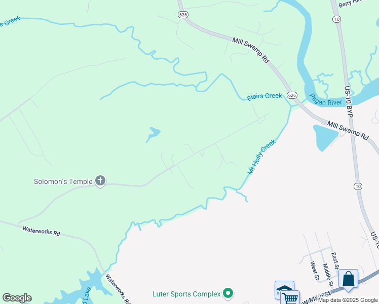 map of restaurants, bars, coffee shops, grocery stores, and more near 15339 Mount Holly Creek Lane in Smithfield