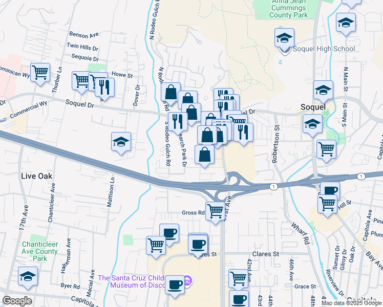 map of restaurants, bars, coffee shops, grocery stores, and more near 3949 Research Park Ct in Soquel