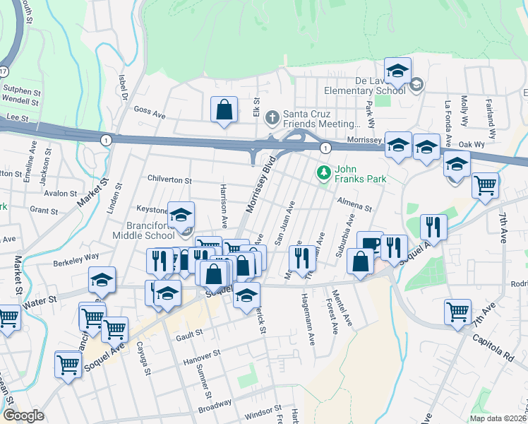 map of restaurants, bars, coffee shops, grocery stores, and more near 343 Pacheco Avenue in Santa Cruz