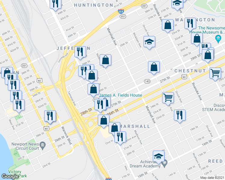 map of restaurants, bars, coffee shops, grocery stores, and more near 2903 Madison Avenue in Newport News