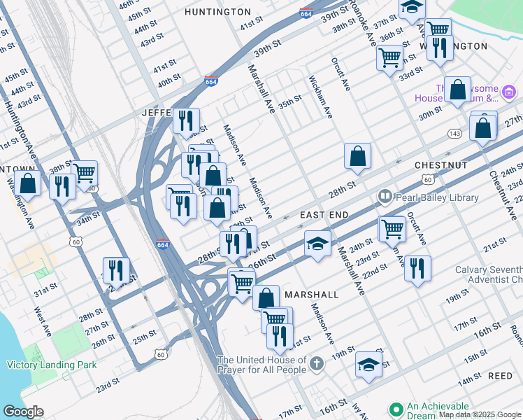 map of restaurants, bars, coffee shops, grocery stores, and more near 2903 Madison Avenue in Newport News