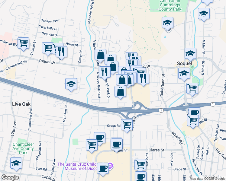 map of restaurants, bars, coffee shops, grocery stores, and more near 3949 Research Park Court in Soquel