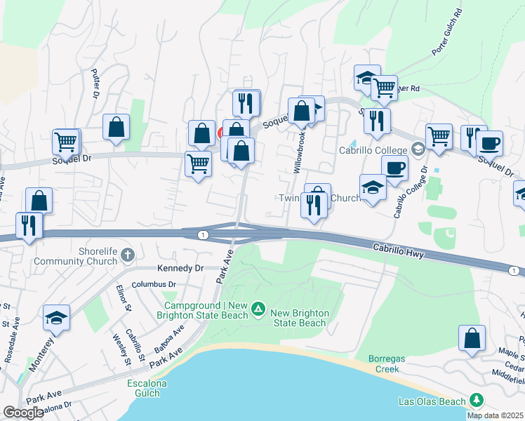 map of restaurants, bars, coffee shops, grocery stores, and more near 2613 Willowbrook Lane in Aptos