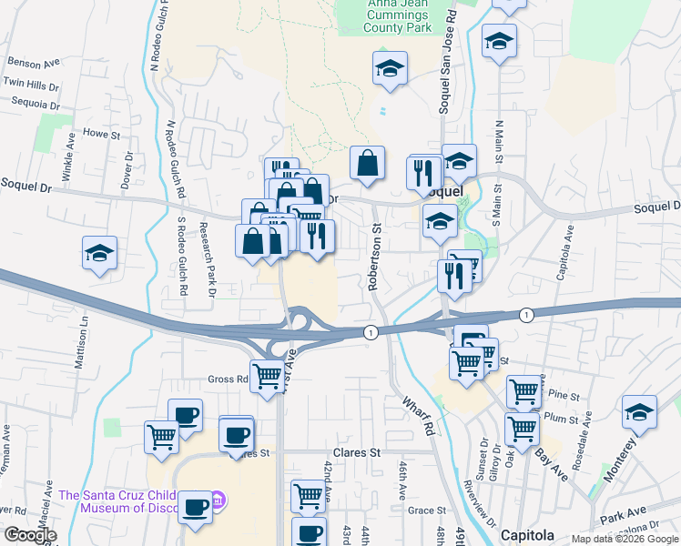 map of restaurants, bars, coffee shops, grocery stores, and more near 4221 Starboard Court in Soquel