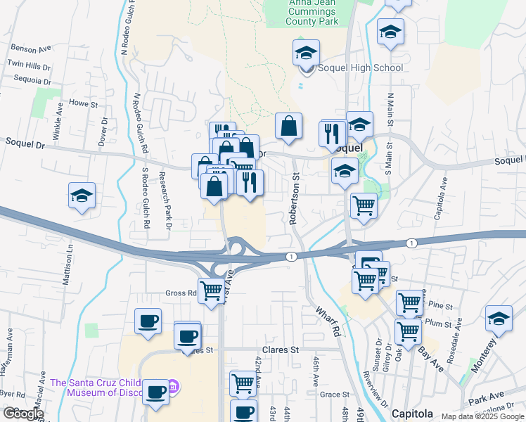 map of restaurants, bars, coffee shops, grocery stores, and more near 4221 Starboard Court in Soquel