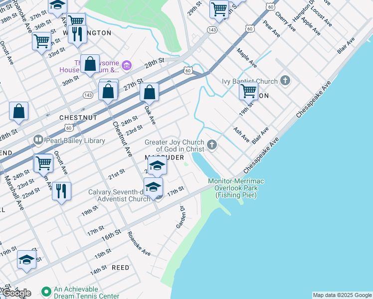 map of restaurants, bars, coffee shops, grocery stores, and more near 1416 Hampton Avenue in Newport News