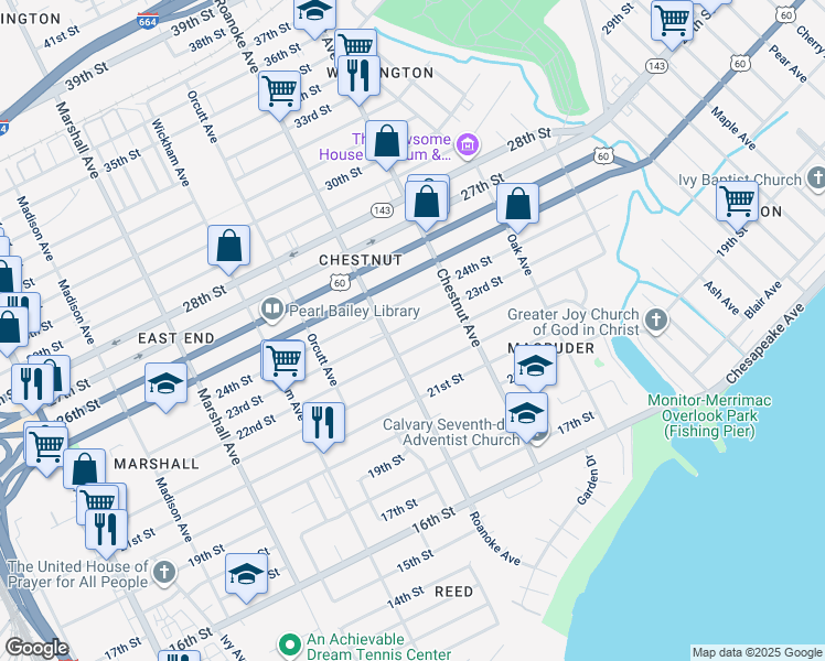map of restaurants, bars, coffee shops, grocery stores, and more near 1129 23rd Street in Newport News
