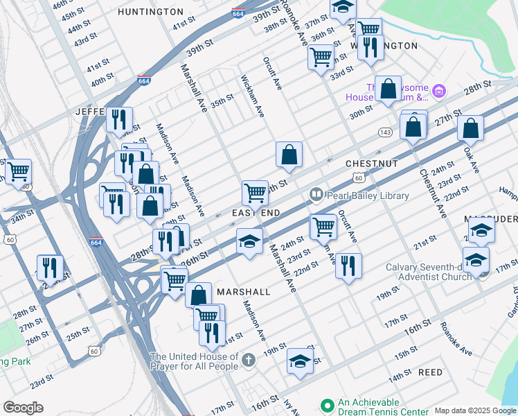 map of restaurants, bars, coffee shops, grocery stores, and more near 814 28th Street in Newport News