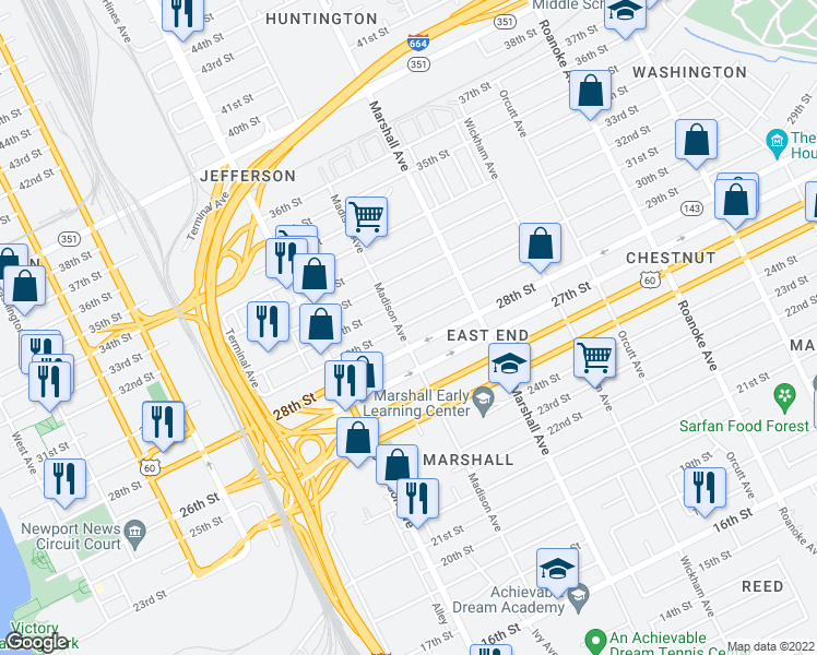 map of restaurants, bars, coffee shops, grocery stores, and more near 723 29th Street in Newport News