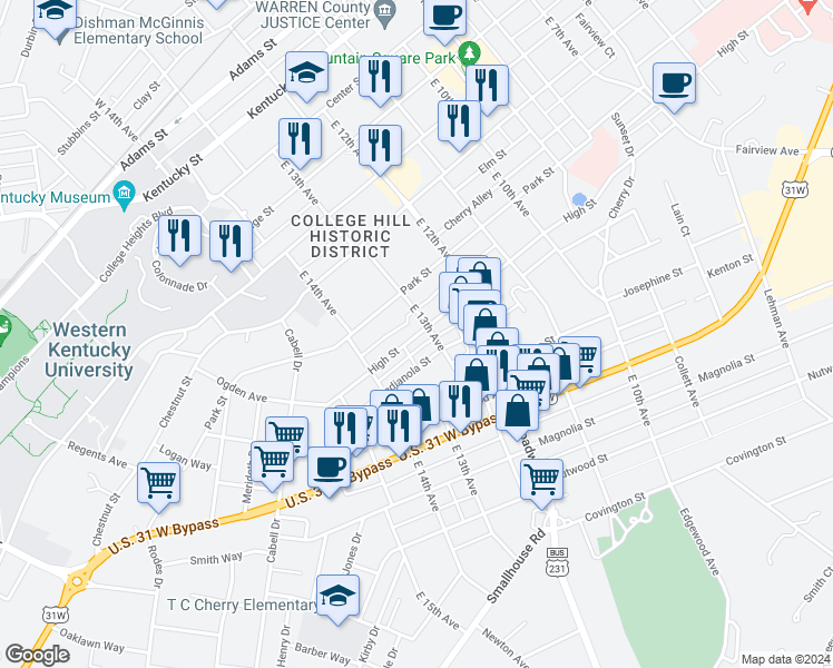 map of restaurants, bars, coffee shops, grocery stores, and more near 1309 High Street in Bowling Green