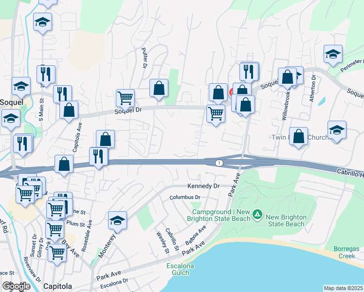 map of restaurants, bars, coffee shops, grocery stores, and more near 2613 Monterey Avenue in Soquel