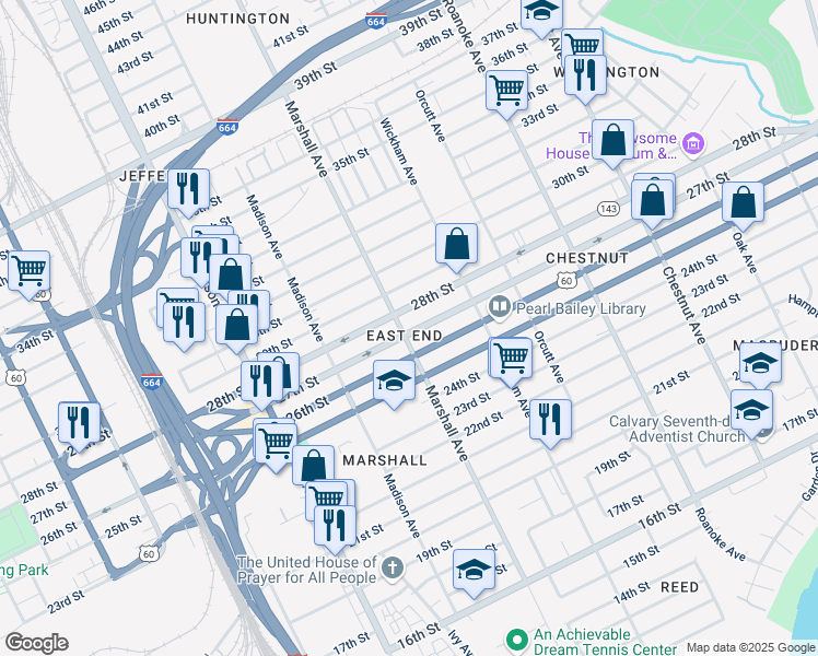 map of restaurants, bars, coffee shops, grocery stores, and more near 814 28th Street in Newport News