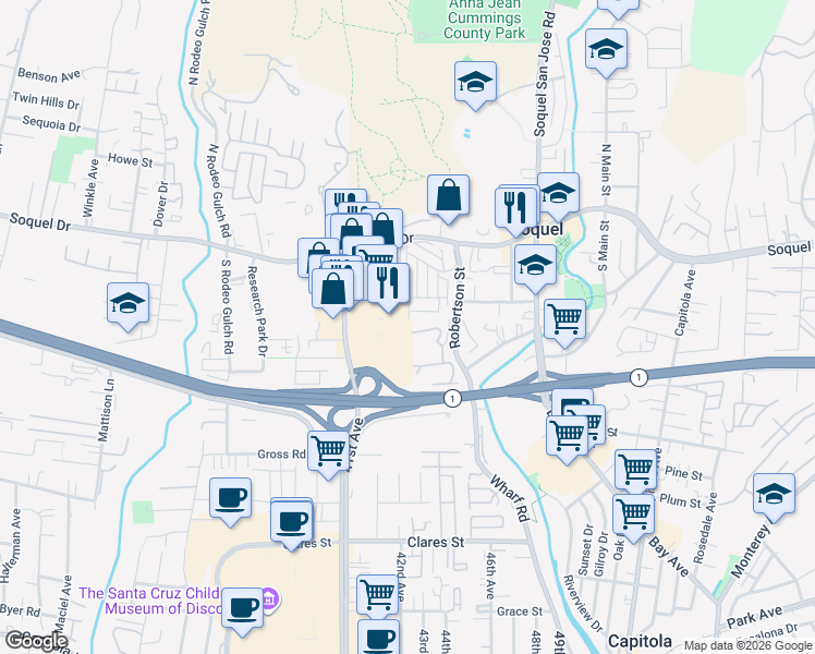 map of restaurants, bars, coffee shops, grocery stores, and more near 4221 Starboard Court in Soquel