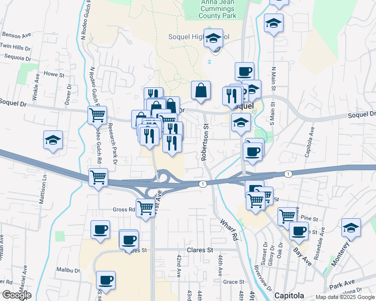 map of restaurants, bars, coffee shops, grocery stores, and more near 4227 Starboard Court in Soquel