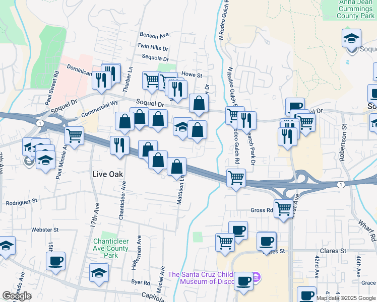 map of restaurants, bars, coffee shops, grocery stores, and more near 2727 Mattison Lane in Santa Cruz