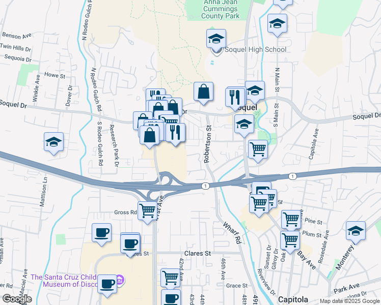map of restaurants, bars, coffee shops, grocery stores, and more near 4227 Starboard Court in Soquel