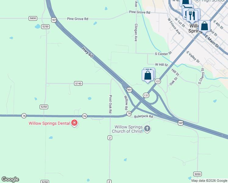 map of restaurants, bars, coffee shops, grocery stores, and more near 912 County Road 5170 in Willow Springs