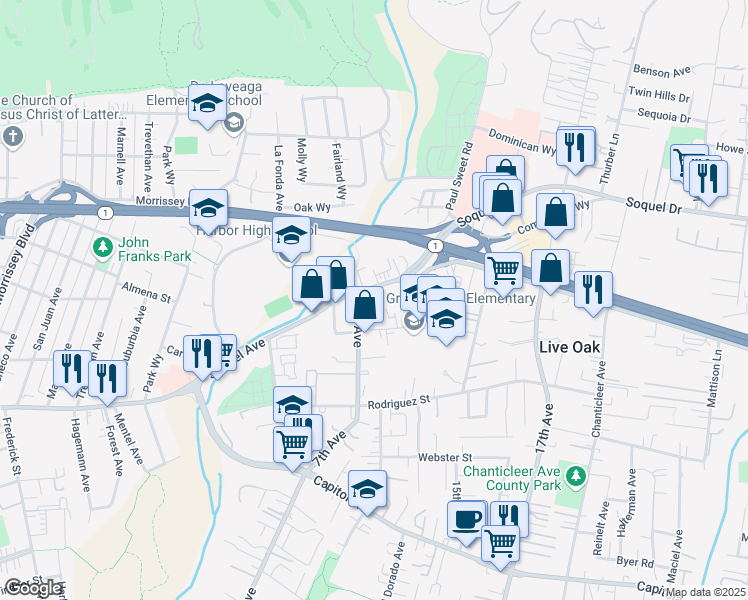 map of restaurants, bars, coffee shops, grocery stores, and more near 2740 Soquel Avenue in Santa Cruz