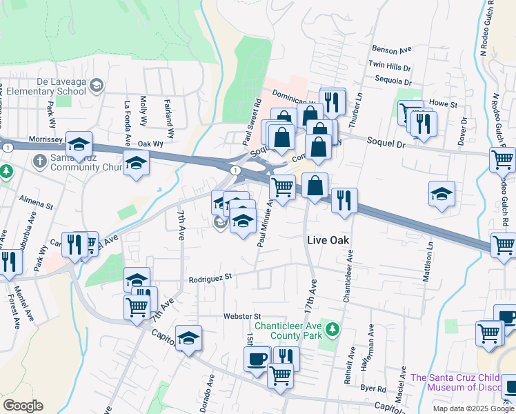 map of restaurants, bars, coffee shops, grocery stores, and more near 2990 Soquel Avenue in Santa Cruz