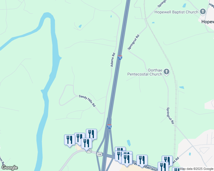 map of restaurants, bars, coffee shops, grocery stores, and more near 591 Adams Road in Corbin