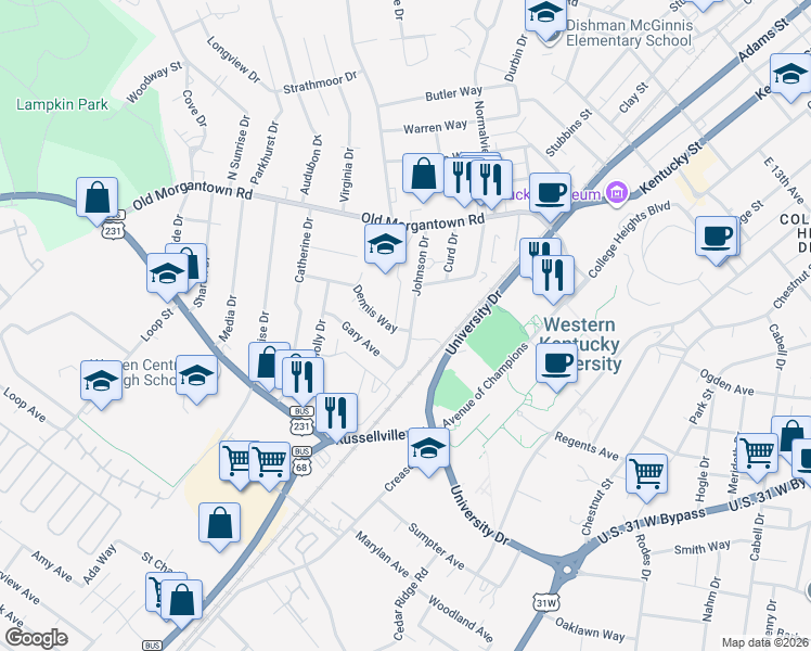 map of restaurants, bars, coffee shops, grocery stores, and more near 1671 Johnson Drive in Bowling Green