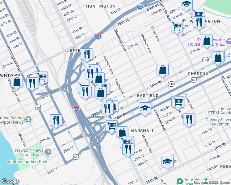map of restaurants, bars, coffee shops, grocery stores, and more near 2915 Madison Avenue in Newport News