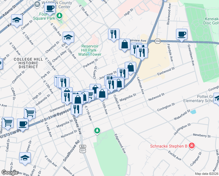 map of restaurants, bars, coffee shops, grocery stores, and more near 906 Kenton Street in Bowling Green