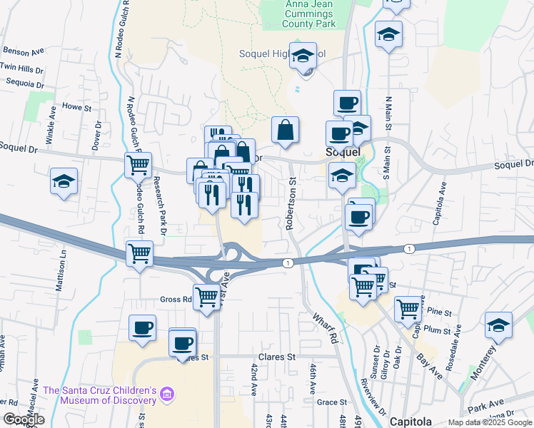 map of restaurants, bars, coffee shops, grocery stores, and more near 4221 Starboard Court in Soquel