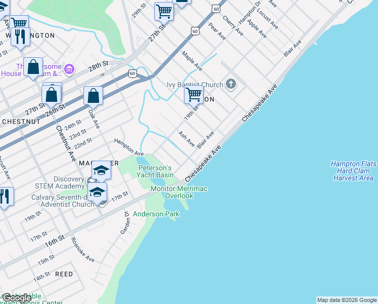map of restaurants, bars, coffee shops, grocery stores, and more near 35 Ash Avenue in Newport News