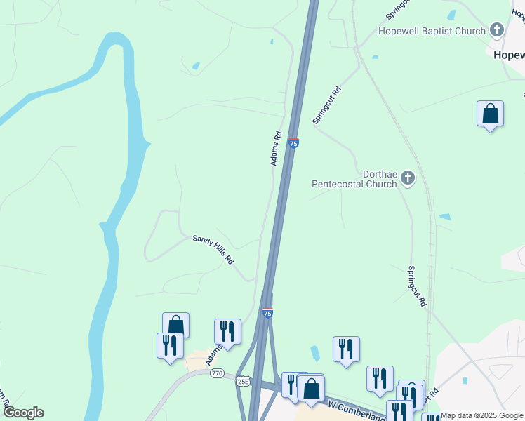 map of restaurants, bars, coffee shops, grocery stores, and more near 591 Adams Road in Corbin
