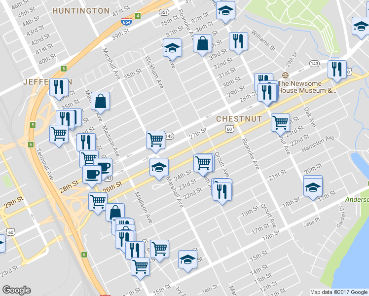 map of restaurants, bars, coffee shops, grocery stores, and more near 857 26th Street in Newport News