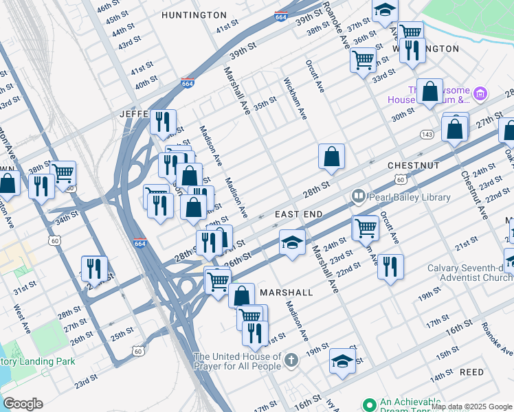 map of restaurants, bars, coffee shops, grocery stores, and more near 720 29th Street in Newport News