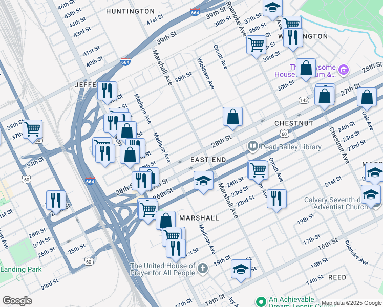 map of restaurants, bars, coffee shops, grocery stores, and more near 745 28th Street in Newport News