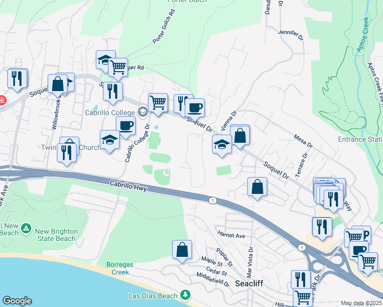 map of restaurants, bars, coffee shops, grocery stores, and more near 2872 Estates Drive in Aptos