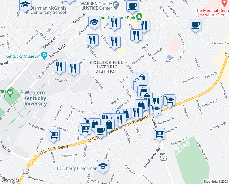 map of restaurants, bars, coffee shops, grocery stores, and more near 1344 Park Street in Bowling Green